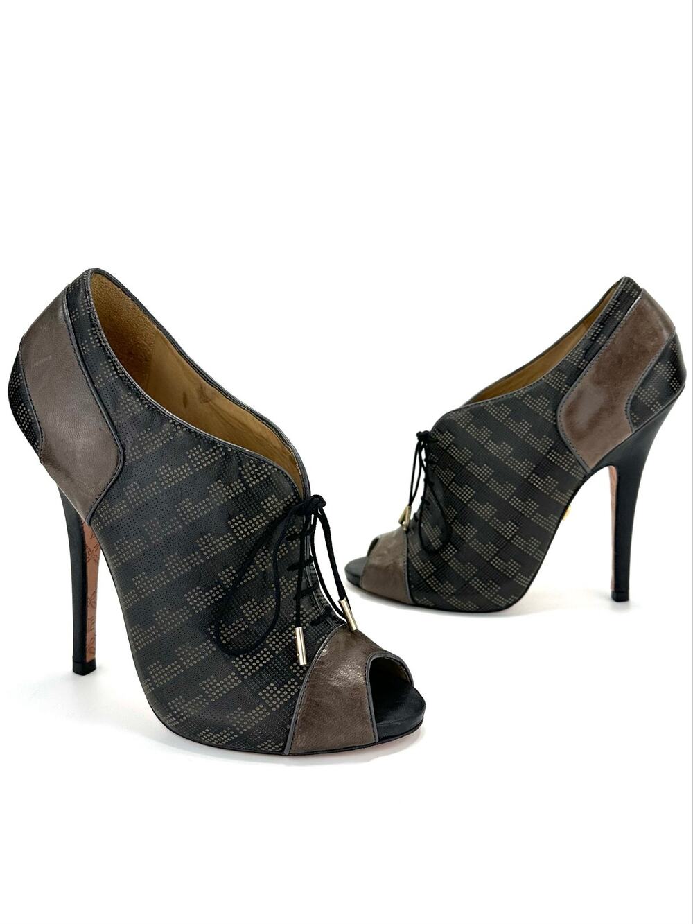 L.A.M.B. Stiletto Sandal/Bootie Size 8.5 Black & Brown Leather Peep-Toe Lace-Tie